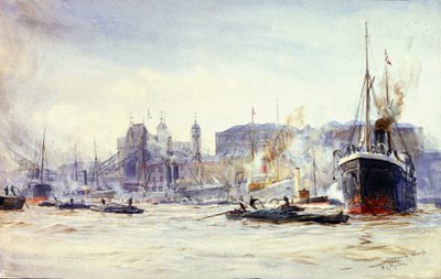 Scena aktywności wzdłuż nabrzeża Irongate, na Tamizie (Anglia), z Tower Bridge w oddali autorstwa William Lionel Wyllie
