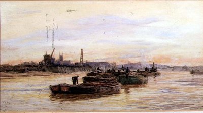 Barki o zachodzie słońca (akwarela) autorstwa William Lionel Wyllie