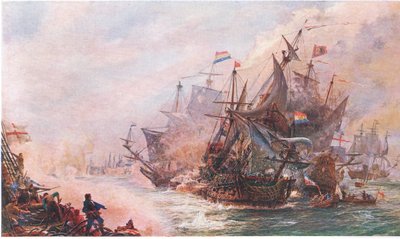 Blakes trzydniowe spotkanie z Von Trompem, z Cassells History of the British People opublikowanej przez Waverley Book Company Limited, c.1940 autorstwa William Lionel Wyllie