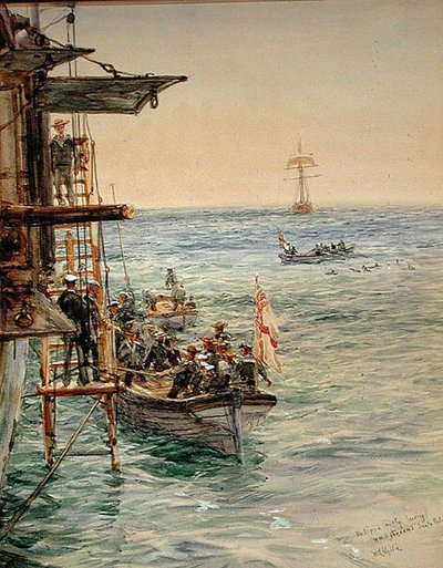 Eclipse Party Opuszcza H.M.S. Tezeusz, Santa Pola (akwarela na papierze) autorstwa William Lionel Wyllie