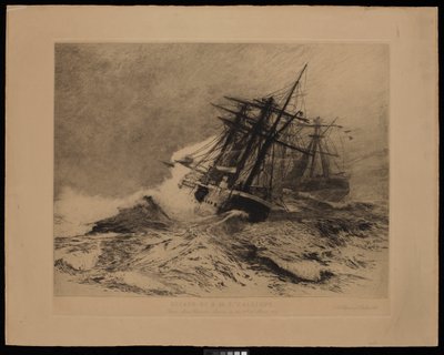 Ucieczka H.M.S. Calliope z portu Apia na Samoa, 16 marca 1889 r. (akwaforta) autorstwa William Lionel Wyllie