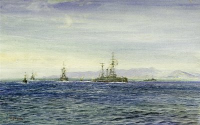 HMS "Albemarle", w Firth of Moray (Szkocja), trójkątnym wejściu do Morza Północnego, ten okręt wojenny służył podczas I wojny światowej jako łódź patrolowa dla Floty Kanału La Manche, a następnie służył jako lodołamacz, aby pomóc Archangelowi w 1916 r. autorstwa William Lionel Wyllie