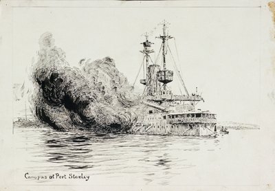 HMS "Canopus" w Port Stanley, wystrzeliwujący salwy otwierające bitwę o Falklandy, 8 grudnia 1914 r. (pióro i tusz, z czarną farbą, na karcie) autorstwa William Lionel Wyllie
