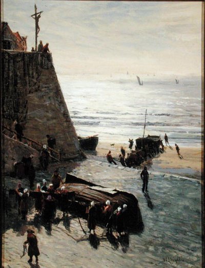 Wciąganie łodzi rybackiej (olej na płótnie) autorstwa William Lionel Wyllie