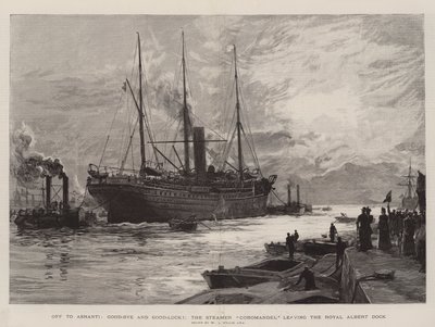 Do Ashanti, Good-Bye and Good-Luck! Parowiec Coromandel opuszcza Royal Albert Dock. autorstwa William Lionel Wyllie