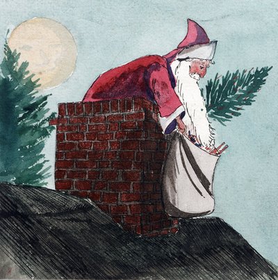 Święty Mikołaj schodzący przez komin, ciągnący worek pełen zabawek i choinkę. Akwarela z początku XX wieku autorstwa Williama Lionela Wyllie (1851-1931). autorstwa William Lionel Wyllie