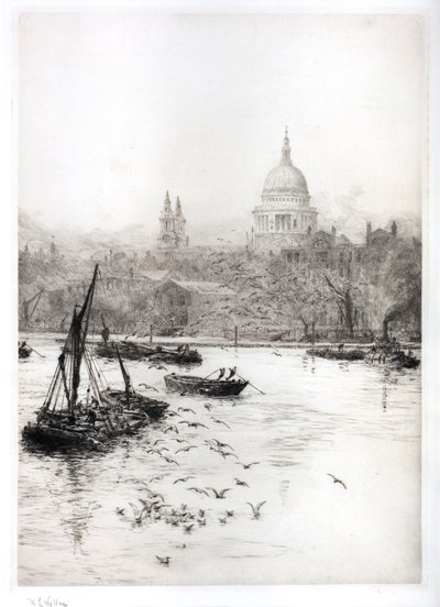 Żegluga i mewy pod St Pauls (akwarela) autorstwa William Lionel Wyllie