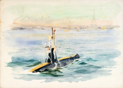 Studium okrętu podwodnego klasy A w drodze, prawdopodobnie w porcie Portsmouth, początek XX wieku (akwarela, grafit) autorstwa William Lionel Wyllie