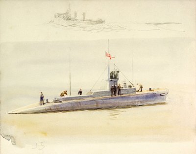 Okręt podwodny J.5 i szkic innego okrętu bojowego, początek XX wieku (akwarela, grafit) autorstwa William Lionel Wyllie