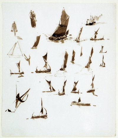 Studia nad łodziami mieszkalnymi na Tamizie (Anglia). Gwasz z notatnika, około 1890 roku, autorstwa Williama Lionela Wyllie (1851-1931). autorstwa William Lionel Wyllie