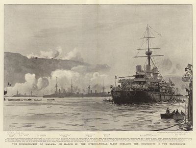 Bombardowanie Malaxy 23 marca, międzynarodowa flota ostrzeliwała Powstańców w bunkrze autorstwa William Lionel Wyllie