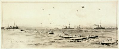 Niemiecka flota pełnomorska w klatce w Scapa, ok. 1918 r. (pranie, szary, wzmocniony białym) autorstwa William Lionel Wyllie