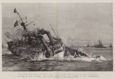 Utrata HMS Victoria, okrętu flagowego, który zatonął po staranowaniu przez HMS Camperdown autorstwa William Lionel Wyllie