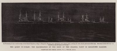 Królowa w Dublinie, iluminacja statków floty kanałowej w porcie Kingstown autorstwa William Lionel Wyllie