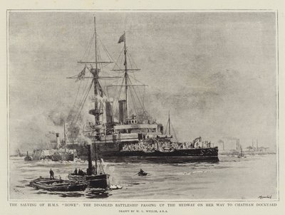 Salwowanie HMS Howe, Niepełnosprawny pancernik płynący w górę Medway w drodze do stoczni Chatham autorstwa William Lionel Wyllie
