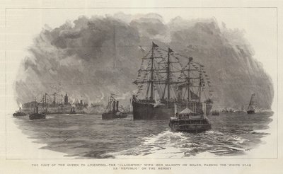 Wizyta Królowej w Liverpoolu, The Claughton, z Jej Wysokością na pokładzie, mijając Republikę Białej Gwiazdy SS na Mersey autorstwa William Lionel Wyllie