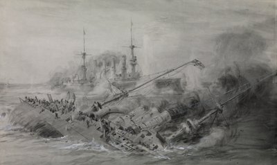 Ostatni z okrętów "Scharnhorst" i "Gneisenau"; bitwa o Falklandy, 8 grudnia 1914 r., ok. 16.15, ok. 1915-18 r. (pranie, kolor szary, wzmocniony białym) autorstwa William Lionel Wyllie