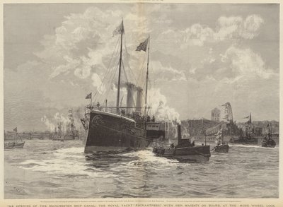 Otwarcie kanału Manchester Ship Canal, Królewskiej Czarodziejki Jachtów z Jej Wysokością na pokładzie, w Mode Wheel Lock autorstwa William Lionel Wyllie