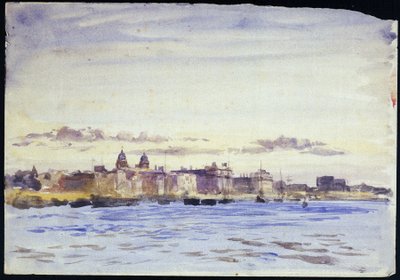 Widok na Royal Naval College w Greenwich (Anglia), na Tamizie, o zachodzie słońca, z Blackwall (przeciwległy brzeg). Akwarela, początek XX wieku, autor: William Lionel Wyllie (1851-1931). autorstwa William Lionel Wyllie