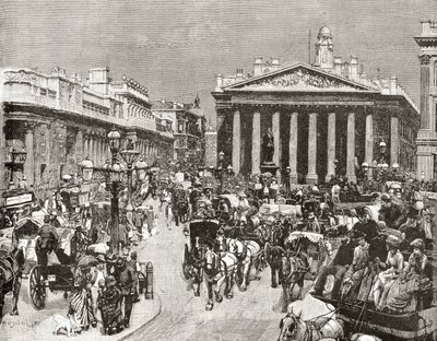 Bank of England i Royal Exchange w XIX wieku, z „London Pictures: Drawn with Pen and Pencil”, autorstwa ks. Richarda Lovetta, opublikowanej w 1890 r. autorstwa William Logsdail