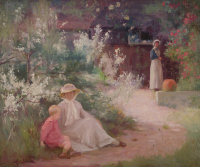 Dama ze swoim młodym synem i służącą w ogrodzie autorstwa William Mainwaring Palin