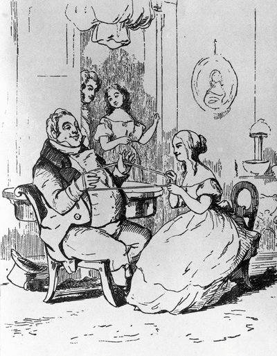 Pan Joseph Sedley uwikłany przez Becky Sharp, ilustracja do pierwszego rozdziału Vanity Fair, powieść Williama Makepeace Thackeraya (1811-1863), rycina według rysunku Williama Makepeace Thackeraya (1811-1863), opublikowana w Chicago w 1882 autorstwa William Makepeace Thackeray