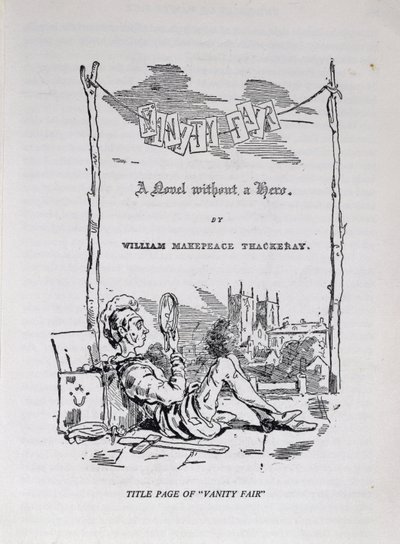 Strona tytułowa „Targowisko próżności, powieść bez bohatera” z autoportretem artysty i autora, wyd. 1848 autorstwa William Makepeace Thackeray