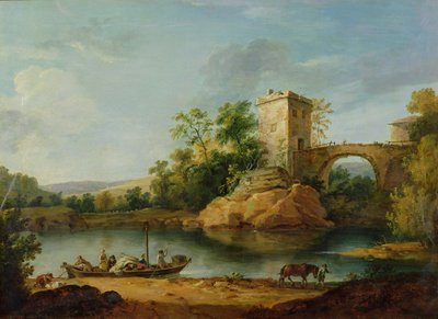 Zalesiony włoski pejzaż rzeczny z chłopami na barce i mostem za nią, ok. 1770 (akwarela) autorstwa William Marlow