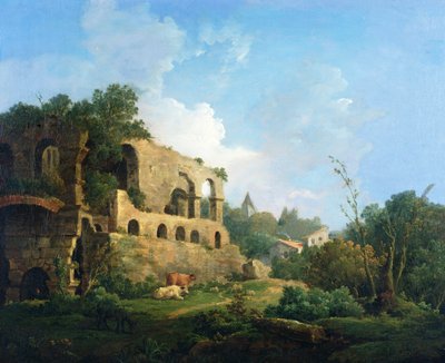 Włoski pejzaż z domem w pobliżu klasycznych ruin autorstwa William Marlow