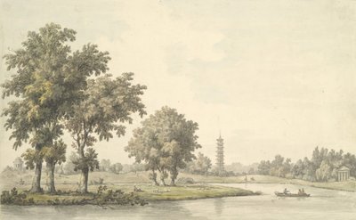 Widok na jezioro i wyspę z trawnika w Kew, 1763. autorstwa William Marlow