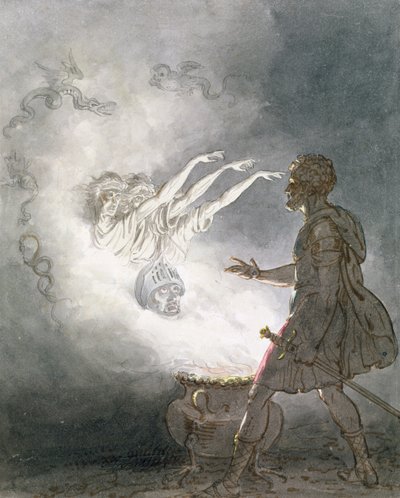 Makbet i objawienie się uzbrojonej głowy, akt IV, scena I, z "Makbeta" Williama Shakespeare