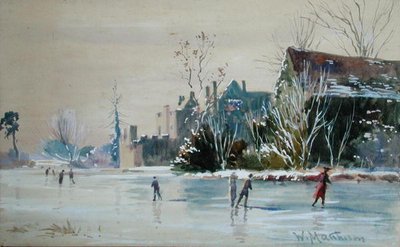 Łyżwiarstwo w Broughton Castle (akwarela i kolor ciała na papierze) autorstwa William Matthison