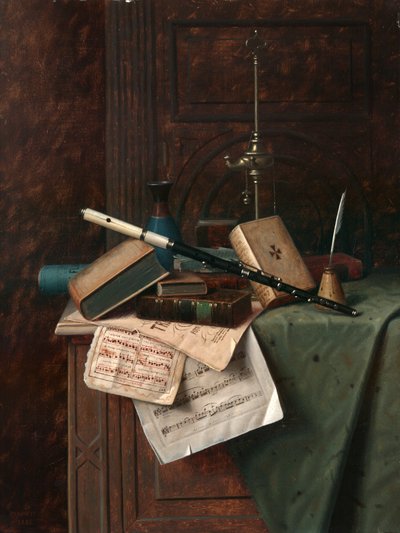 Martwa natura z fletem, wazonem i rzymską lampą autorstwa William Michael Harnett