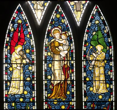 Madonna z Dzieciątkiem z dwoma aniołami, fragment górnej połowy okna aniołów, 1869 fragment witrażu z 20165 r. autorstwa William Morris