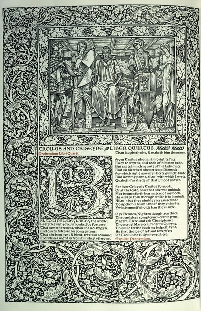 Scena z „Troilus i Criseyde”, historyczny inicjał „B”, rękopis z pełnym obramowaniem stron, 1896 autorstwa William Morris