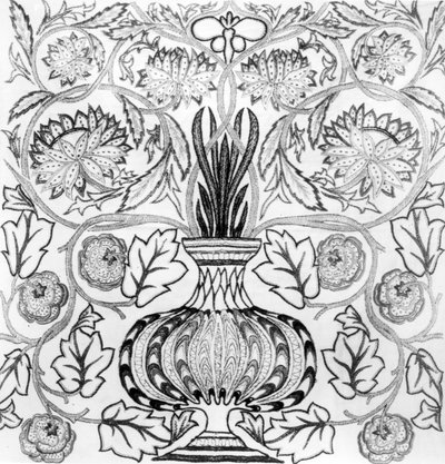 "The Flower Pot", haftowany panel zaprojektowany przez Williama Morrisa (1834-96) i wykonany przez May Morris (druk czarno-biały) autorstwa William Morris