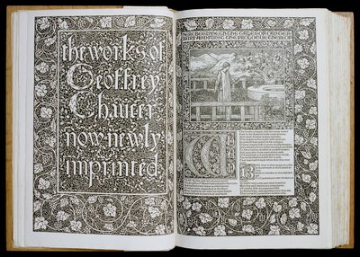 Strona tytułowa i frontyspis z „Dzieła Geoffreya Chaucera”, opublikowanego w 1896 r. przez Kelmscott Press (drzewryt) autorstwa William Morris