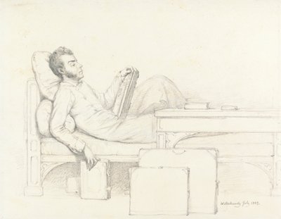Autoportret artysty leżącego na gotyckiej kanapie i czytającego książkę autorstwa William Mulready