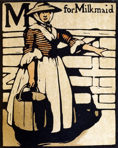 M jak Milkmaid, ilustracja z „Alfabetu”, wyd. William Heinemann autorstwa William Nicholson