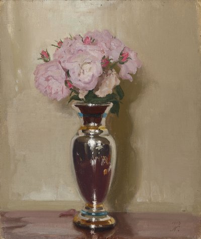Różowe róże w srebrnym połyskującym wazonie autorstwa William Nicholson