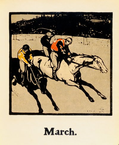 Miesiąc marzec, z „Almanachu dwunastu sportów”, ze słowami Rudyarda Kiplinga, opublikowany po raz pierwszy przez Williama Heinemanna autorstwa William Nicholson