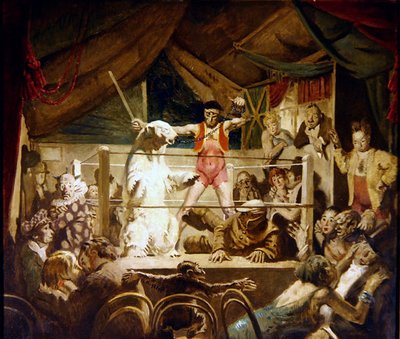 Człowiek kontra bestia, czyli Jarmark w Neuilly (olej na płótnie) autorstwa William Orpen