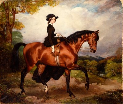 Portret pani Thomas Conolly, siedzącej na boku w siodle w czarnym stroju jeździeckim na myśliwym kasztanów autorstwa William Osborne