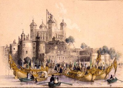 Zaokrętowanie Prawego Hon. Lord Mayor w Tower of London (lito) autorstwa William Parrott