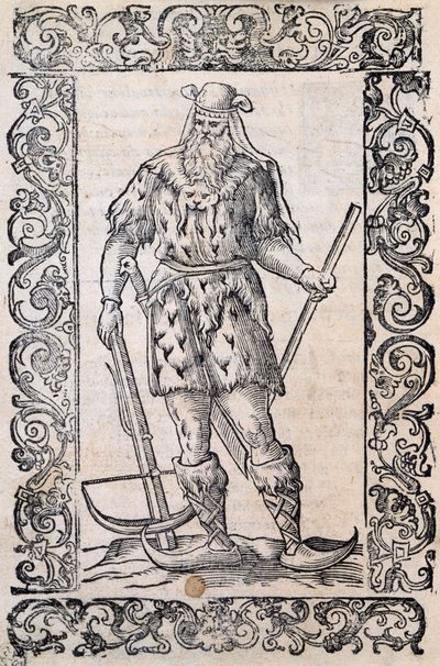 Mężczyzna w futrzanej sukience, kuszy i butach ze skręconym czubkiem (przykład szczątkowych nart), ilustracja przypisywana Cesare Vecellio (1521-1601), wydana we Włoszech w XVI wieku autorstwa Nicolas Toussaint Charlet