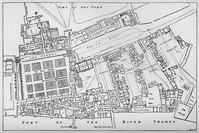 Zredukowana kopia planu rybackiego Pałacu Królewskiego w Whitehall, wykonana za panowania Char autorstwa William Patten