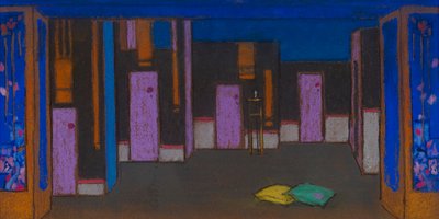 Sala z drzwiami (scenografia do filmu Alicja w Krainie Czarów, 1915) autorstwa William Penhallow Henderson