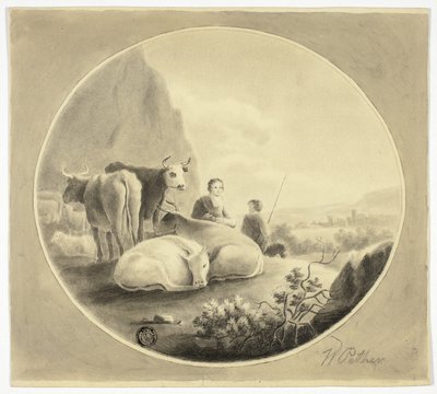 Pasterze, krowy i owce w krajobrazie autorstwa William Pether