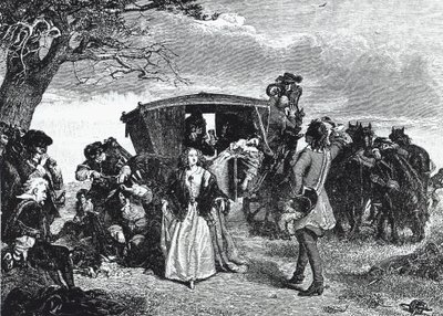 rozbójnik Claude Duval przedstawiony w legendarnym momencie, gdy odmawia zabrania całego swojego łupu, jeśli żona jego ofiary zatańczy z nim "courante" na wrzosowisku Hounslow (rycina) autorstwa William Powell (after) Frith