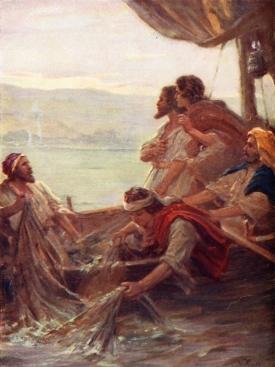 Poranek nad Morzem Tyberiadzkim, Jan xxi, 4-6 (kolorowa litografia) autorstwa William Pratt